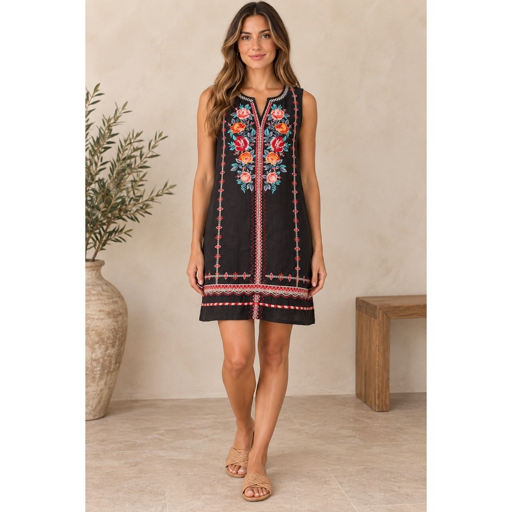 Johnny Was Workshop Black Linen Embroidered Boho Floral Shift Dress Small Boho